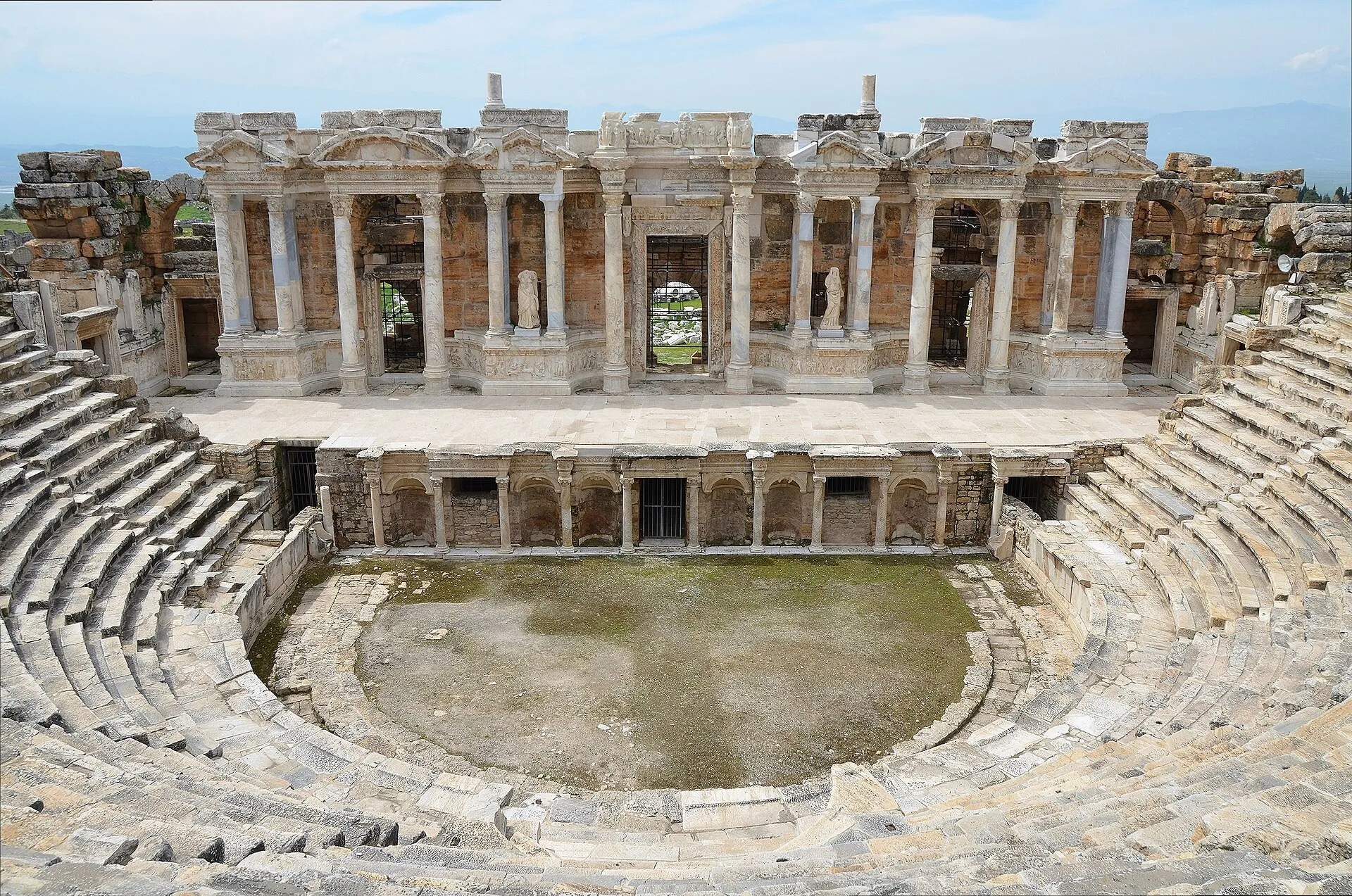 The view from the upper seats of the Hierapolis Roman theatre over the carved stage
