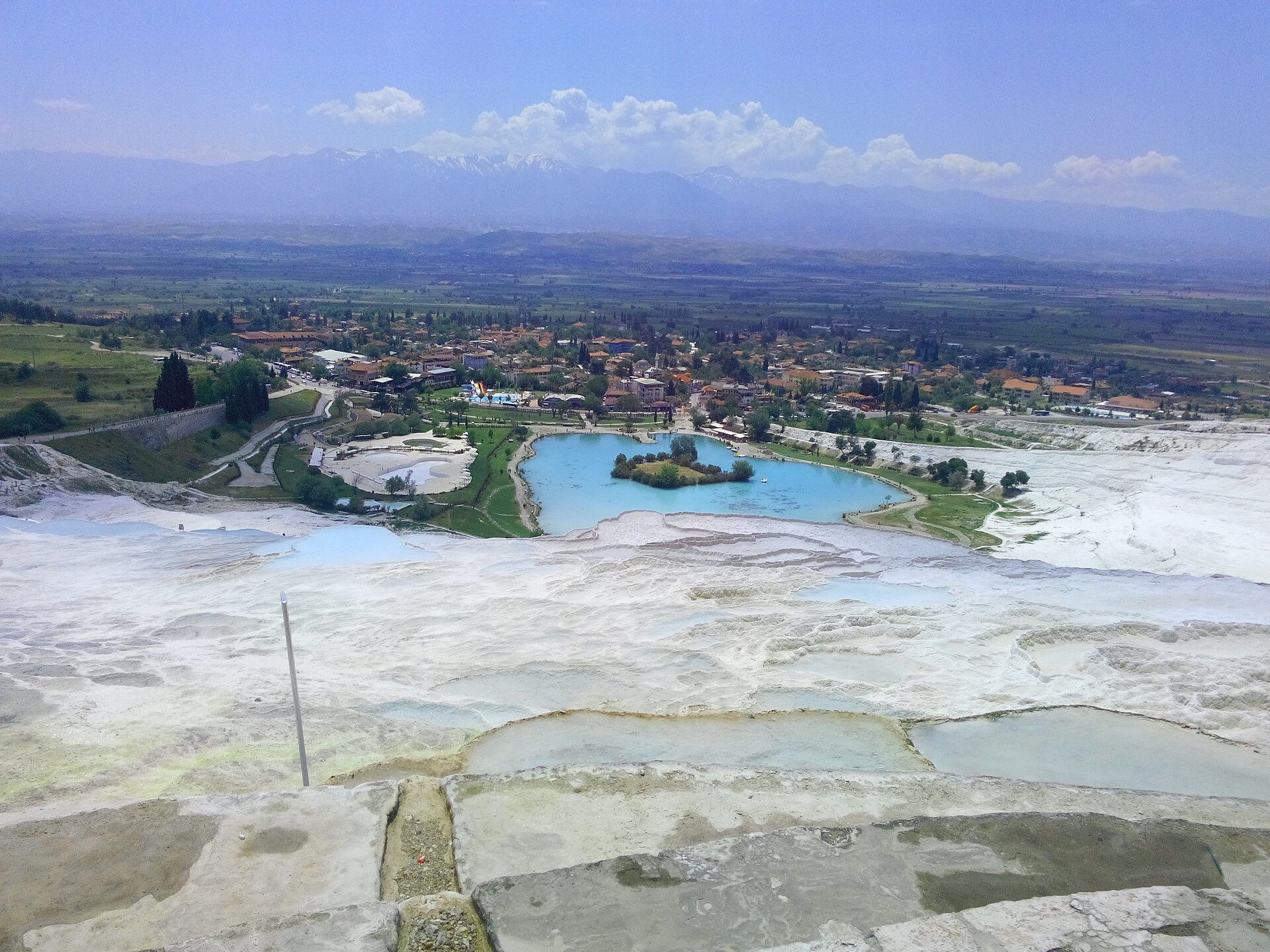 Mineral-blue thermal water at Pamukkale's Cleopatra Antique Pool