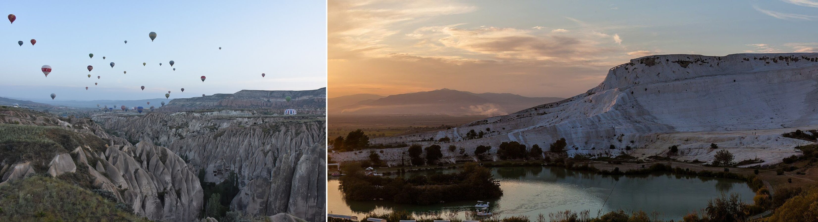 Comparison of Cappadocia hot-air balloons over fairy-chimney valleys with Pamukkale white travertine terraces