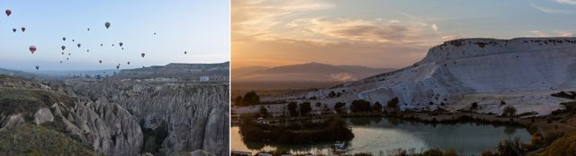 Comparison of Cappadocia hot-air balloons over fairy-chimney valleys with Pamukkale white travertine terraces
