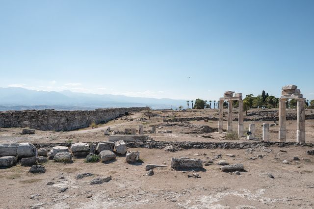 The ruins of Hierapolis above the white terraces at Pamukkale