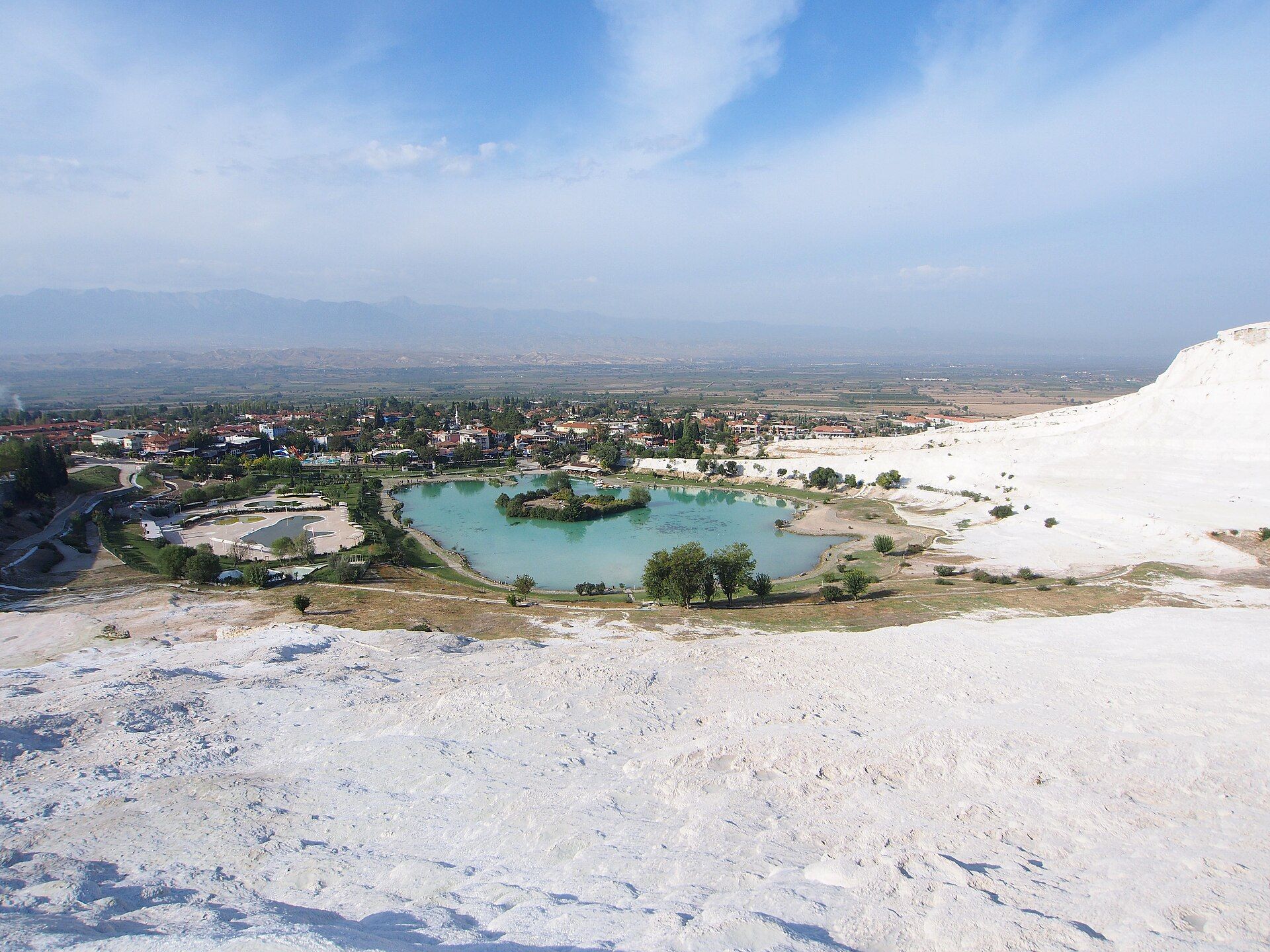 Pamukkale village below the white travertine terraces